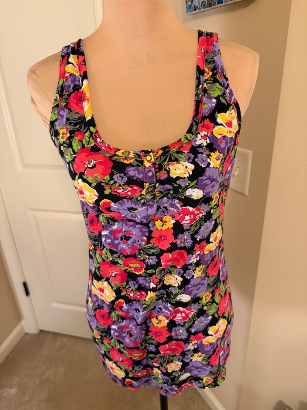 OP Floral Scoop Tank Top in Black with Pink, Purple & Yellow Flowers
